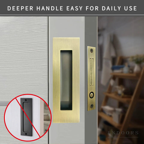 Recessed Finger Flush Pulls With Edge Pull In Antique Brass, 4.72 Inch Sliding Closet Door Handles installed on door