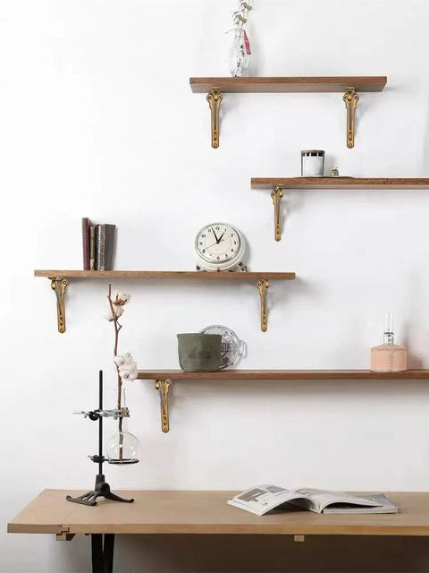 Antique Brass 6 Inch Decorative Shelf Brackets Baroque Style Heavy Duty L Shaped With Hardware Installed on Wall with Decor