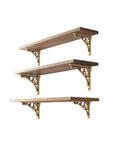 Wooden shelves mounted with Antique Brass 6 Inch Decorative Shelf Brackets Baroque Style Heavy Duty L Shaped With Hardware Included 2 Pack