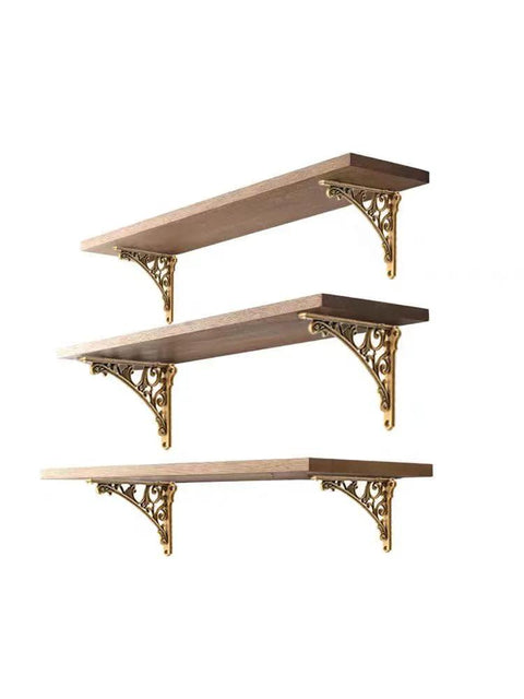 Wooden shelves mounted with Antique Brass 6 Inch Decorative Shelf Brackets Baroque Style Heavy Duty L Shaped With Hardware Included 2 Pack