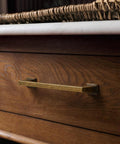 Antique Brass Square Cabinet Pulls 5 Inch Center To Center 128mm Hole installed on a wooden drawer, modern retro vintage style.