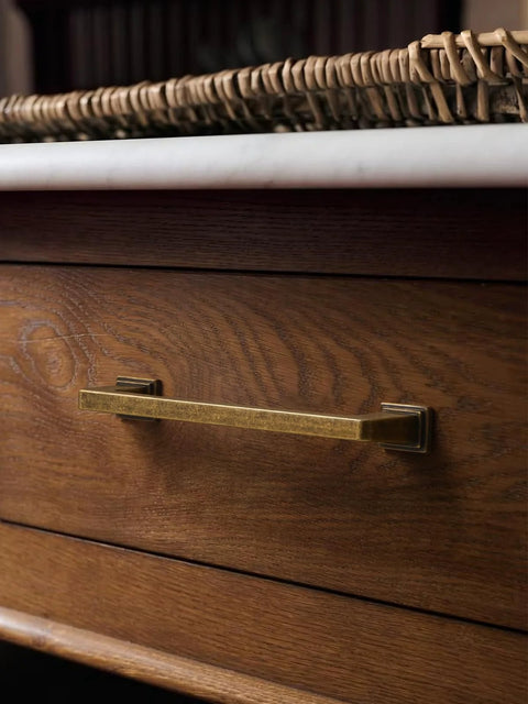 Antique Brass Square Cabinet Pulls 5 Inch Center To Center 128mm Hole installed on a wooden drawer, modern retro vintage style.