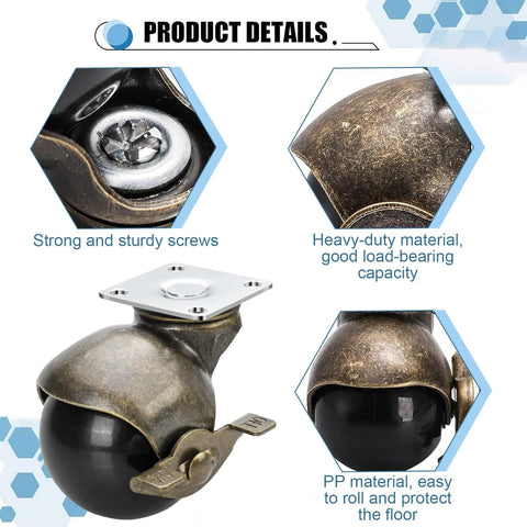 Details of 2 Inch Antique Brass Ball Casters With Brake Set Of 4 Heavy Duty Swivel Plate Casters, showcasing material and design features.