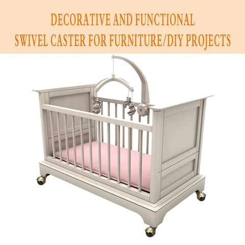 Wooden crib with pink bedding on 2 Inch Vintage Caster Wheels 4 Pack Antique Brass Swivel Ball Casters, displayed on a decorative nursery floor.