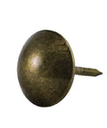 Antique brass upholstery tack with 7/16 inch head and 1/2 inch shank, used to secure fabric, leather, and trim to wood frames and panels.
