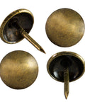 Antique brass upholstery tacks with a durable, decorative finish, showcasing 7/16 inch head and 1/2 inch shank, 100 pcs per box.