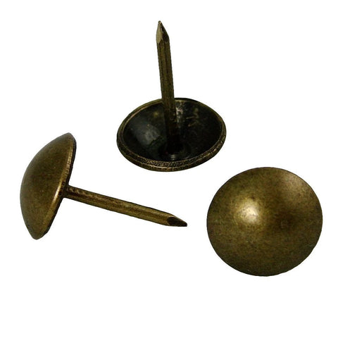 Antique brass upholstery tacks secure fabric, leather, and trim to wood frames and panels with a durable, decorative finish.