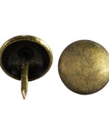 Antique brass upholstery tacks secure fabric, leather, and trim to wood frames and panels with a durable, decorative finish, 100 pcs per box, 7/16 inch head, and 1/2 inch shank for fast, secure installation in furniture and crafts visible separately from top and side view.