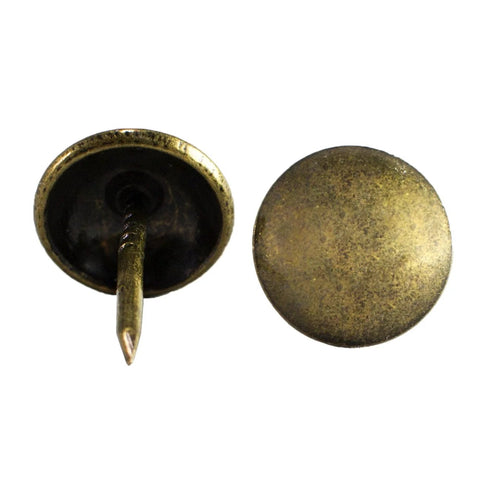 Antique brass upholstery tacks secure fabric, leather, and trim to wood frames and panels with a durable, decorative finish, 100 pcs per box, 7/16 inch head, and 1/2 inch shank for fast, secure installation in furniture and crafts visible separately from top and side view.
