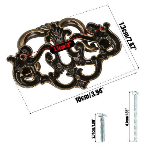 3 Inch Center To Center Bail Drawer Pull Antique Bronze Swing Handle For Dresser Cabinet Or Door Featuring Vintage European Design 76mm Center Spacing Brass Hardware Durable Solid Metal Finish with dimensions and screws.