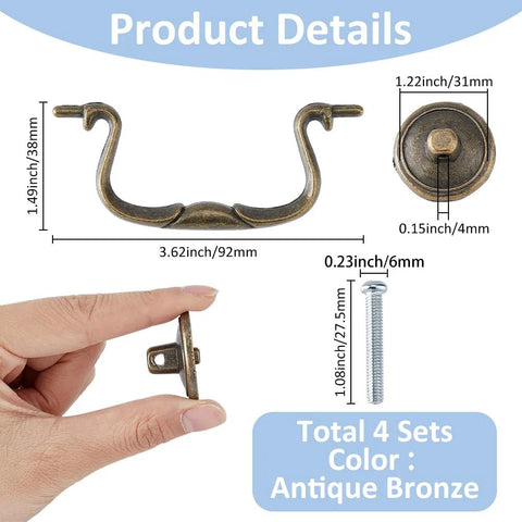 Four 3.6 Inch Vintage Bail Pull Handles Antique Bronze Furniture Hardware Set For Cabinets And Drawers details with dimensions.