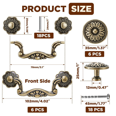 Antique Bronze Cabinet Hardware Set 12 Pc Includes 6 3 Inch Bail Handle Drop Pulls And 6 1.33 Inch Vintage Flower Shape Knobs With Screws