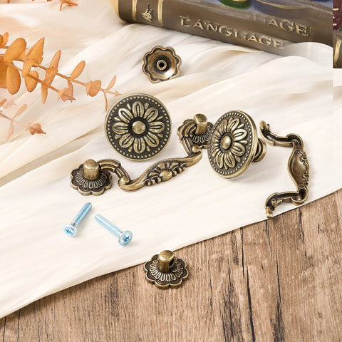 Antique Bronze Cabinet Hardware Set 12 Pc Includes 6 3 Inch Bail Handle Drop Pulls And 6 1.33 Inch Vintage Flower Shape Knobs With Screws