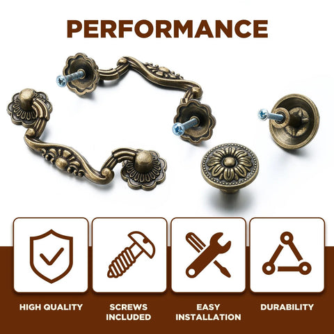 Antique Bronze Cabinet Hardware Set 12 Pc Includes 6 3 Inch Bail Handle Drop Pulls And 6 1.33 Inch Vintage Flower Shape Knobs With Screws Zinc Alloy Durable For Drawers Dressers Closets Wardrobes