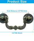 Set Of 2 Vintage Bail Pull Handles With 2.5 Inch Hole Spacing Antique Bronze Cabinet Pulls shown with dimensions.