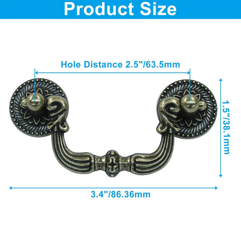 Set Of 2 Vintage Bail Pull Handles With 2.5 Inch Hole Spacing Antique Bronze Cabinet Pulls shown with dimensions.