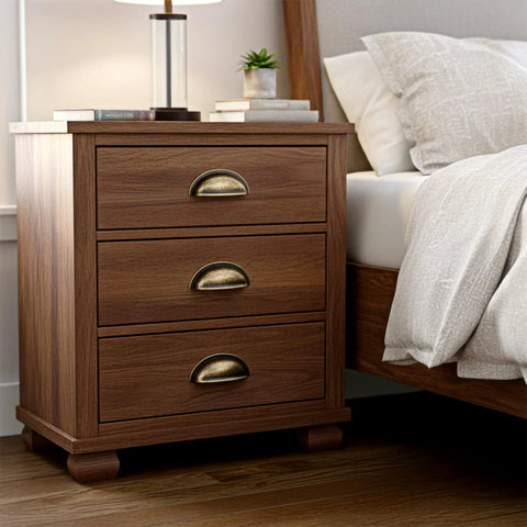 Brass Bronze Cup Drawer Pulls Set Twelve Pack Cabinet Cup Pulls For Kitchen And Furniture installed on a wooden nightstand.