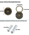 Six Piece Cupboard Drawer Pull Ring Handles Antique Bronze Finish 1.42 Inch Diameter With M4 Screws, includes size details.