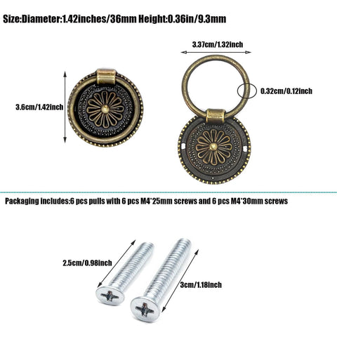 Six Piece Cupboard Drawer Pull Ring Handles Antique Bronze Finish 1.42 Inch Diameter With M4 Screws, includes size details.
