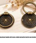 Antique bronze finish cupboard drawer pull ring handles with floral design, 1.42 inch diameter, fits 18mm to 27mm wood thickness