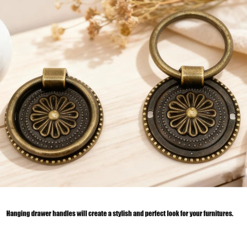 Antique bronze finish cupboard drawer pull ring handles with floral design, 1.42 inch diameter, fits 18mm to 27mm wood thickness