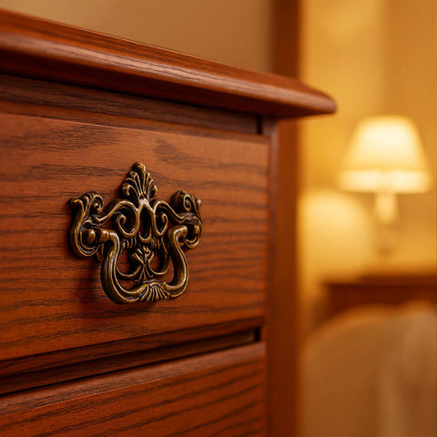 3 Inch Center To Center Bail Drawer Pull Antique Bronze Swing Handle For Dresser Cabinet Or Door Featuring Vintage European Design 76mm Center Spacing Brass Hardware Durable Solid Metal Finish on a wooden dresser drawer in a warmly lit room.