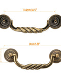 4.5 Inch Center To Center Antique Bronze Drawer Pulls Pack Of 4 Bail Drop Swing Handles For Dresser Cabinets And Furniture Restoration Vintage Style Brass Look 114 Mm Center To Center shown in close-up with measurement details