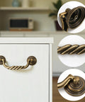 4.5 Inch Center To Center Antique Bronze Drawer Pulls Pack Of 4 Bail Drop Swing Handles for dresser, cabinet close-up and detail view.