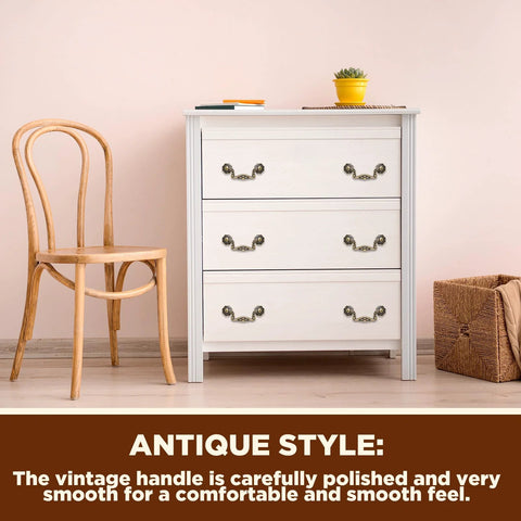 Antique Bronze Drawer Pulls Set With Screws Rustic Vintage Drop Handles on white dresser in room