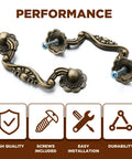 Antique Bronze Drawer Pulls Set With Screws Rustic Vintage Drop Handles for cabinets, dressers, with installation icons.