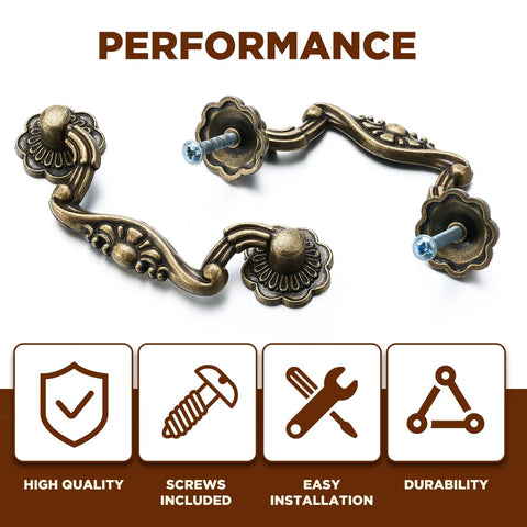 Antique Bronze Drawer Pulls Set With Screws Rustic Vintage Drop Handles for cabinets, dressers, with installation icons.