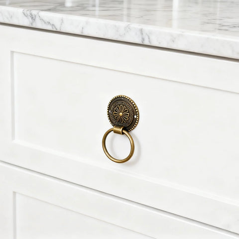 Six Piece Cupboard Drawer Pull Ring Handles Antique Bronze Finish 1.42 Inch Diameter with white dresser