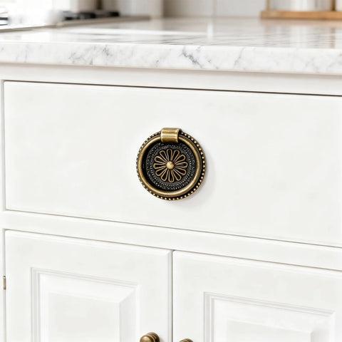 Six Piece Cupboard Drawer Pull Ring Handles Antique Bronze Finish 1.42 Inch Diameter with M4 Screws on white cabinet