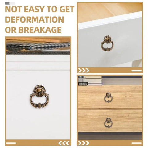 Vintage Drop Ring Pulls Set of 4 in Antique Bronze installed on white cabinet and wood dresser drawers
