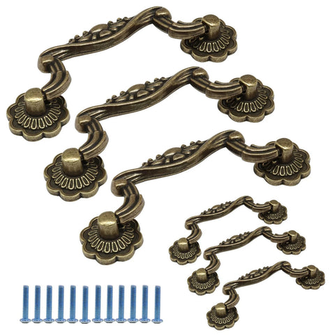 6 Pieces Vintage Drop Pulls Antique Bronze Drawer Pull Handles Bail Handles For Furniture 3.75 Inch Hole Spacing And 4.5 Inch Total Length Zinc Alloy Flower Design Cabinet Hardware in a 6-pack layout with included screws