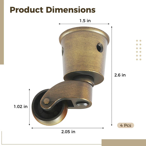4 Pcs Vintage Furniture Casters In Antique Bronze Cup Shaped Chair Caster Wheels For Furniture Legs Heavy Duty Zinc Alloy Swivel Rollers For Smooth Mobility Floor Protection And Effortless Movement, showing dimensions 2.6 inches high