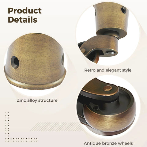 Close-up views of 4 Pcs Vintage Furniture Casters In Antique Bronze Cup Shaped Chair Caster Wheels showing zinc alloy structure