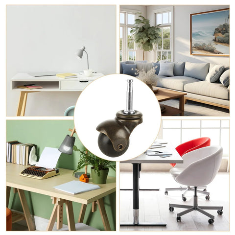 One Point Six Inch Ball Caster Wheels 8 Pack For Furniture Chairs Sofas And Cabinets With Swivel 360 Degree Mounting Stem Socket Five Sixteenth By One And One Half Inch Durable Antique Style Casters Each Wheel Supports Up To Thirty Pounds And Is Suitable shown in home and office settings