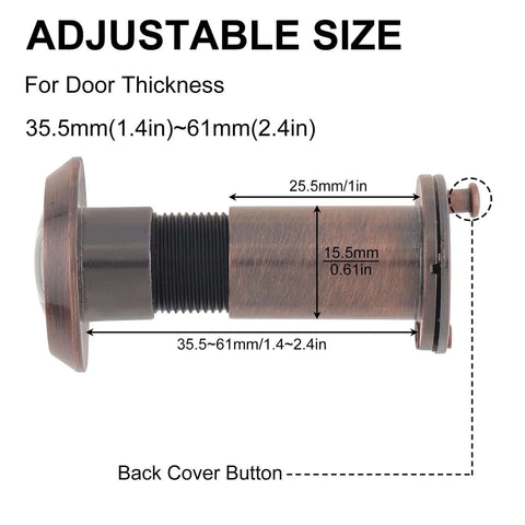Side view of Heavy Duty 200 Degree Door Peephole Viewer with dimensions and adjustable size for 1.4-2.4 inch door thickness.