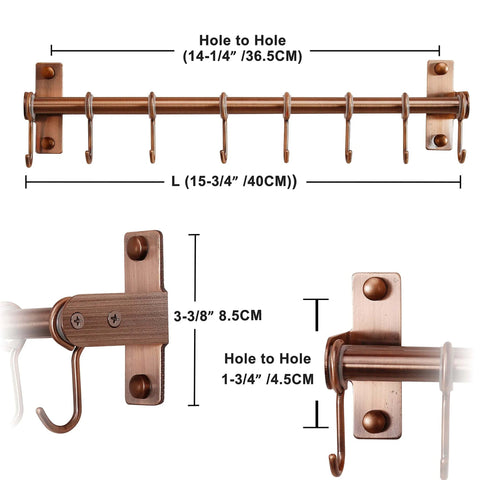 Antique Copper Stainless Steel Kitchen Utensil Holder Hanger, Pot and Pan Rack Wall Mount with 8 Hooks, dimensions shown