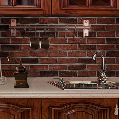 Kitchen Utensil Holder Hanger, Pot and Pan Rack Wall Mount in antique copper, above kitchen sink with mugs hanging.