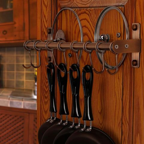 Kitchen Utensil Holder Hanger, Pot and Pan Rack Wall Mount with 8 Hooks for Utensils and Lids, Antique Copper Rail on Wood Background
