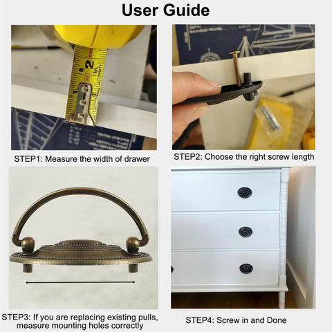 User guide showing installation steps for 4 Pack Antique Brass Bail Drawer Pulls Oval Drop Swing Handles for dresser cabinet.