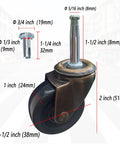 Antique Style Furniture Casters Set Of 4, 1-1/2 Inch Wheels, 5/16 Inch Axle, steel frame with dimensions
