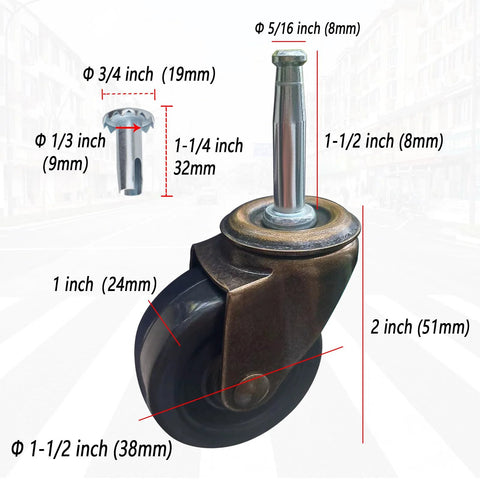 Antique Style Furniture Casters Set Of 4, 1-1/2 Inch Wheels, 5/16 Inch Axle, steel frame with dimensions