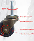 Antique Style Furniture Caster with polyurethane wheel and steel frame, showcasing 1-1/2 inch wheel and 5/16 inch axle design.