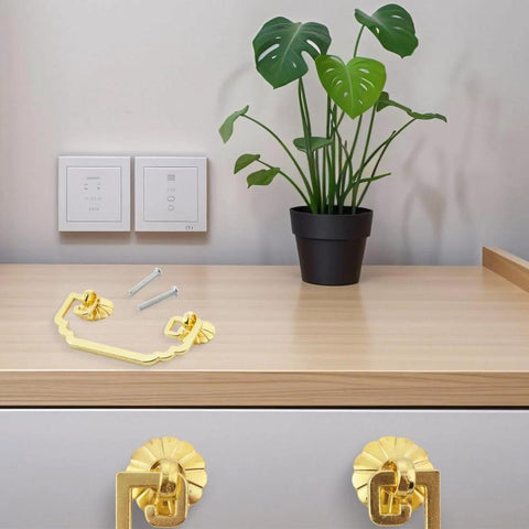 Two Piece Vintage Square Bail Cabinet Pull Hardware Set with screws on wooden surface next to plant, zinc alloy, double hole mounting