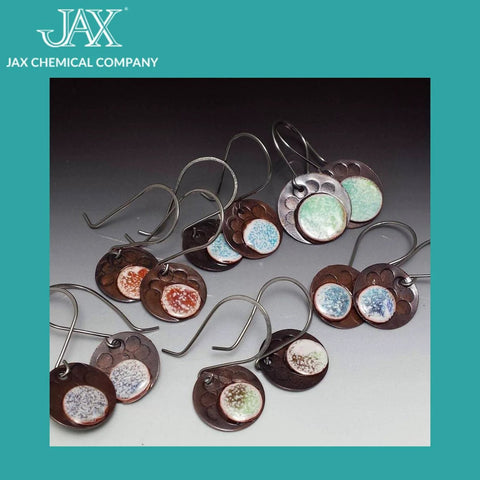 Create an authentic antique patina on bare metal with a quick, water based brown darkener shown on earrings with varied finishes.