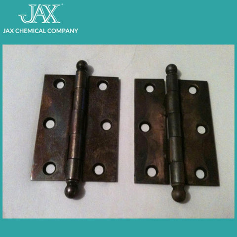 Create an authentic antique patina on bare metal with a quick, water based brown darkener showing aged metal hinges.