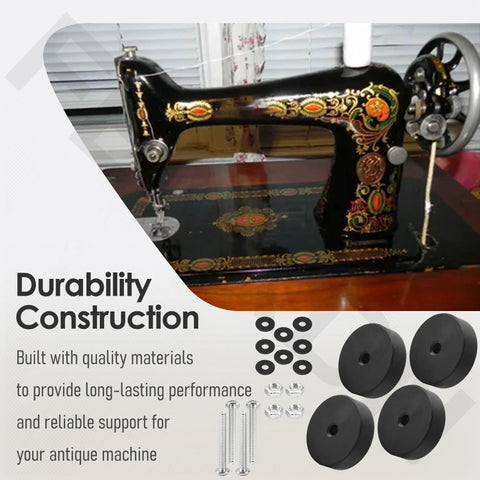 Antique treadle sewing machine with 4 Pack Replacement Wheels For Antique Treadle Sewing Machines, 1.32 Inch Diameter And 0.39 Inch Width, Durable And Easy To Install Plug In Replacement, Ideal For Vintage Restoration Of Treadle Machines displayed.